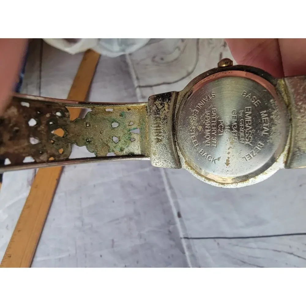 silver-tone Embassy by Gruen watch intricate filigree cuff band Untested READ